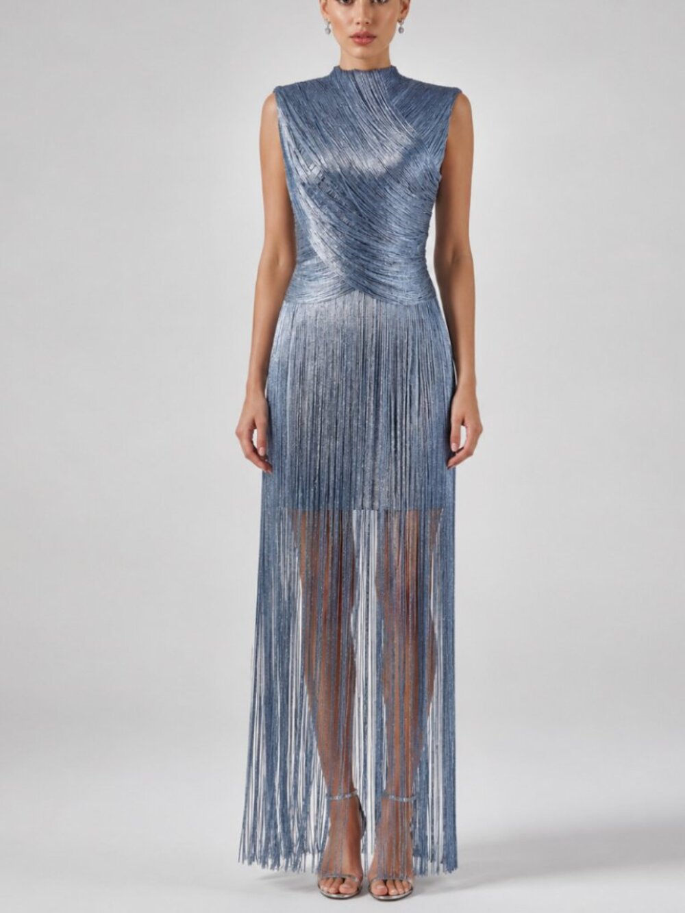 Glam Slate Blue Shimmer Fringe Mock Neck Bandage Bodycon Maxi Gown - Picture 4 of 8